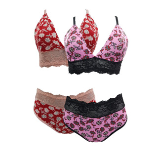 Kit 2 Conjunto sem bojo Sued Ariel estampado com renda