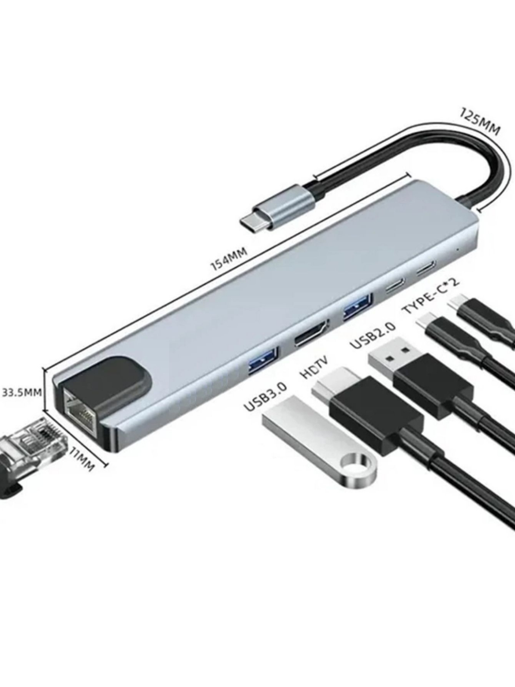 Hub USB C 8 em 1 com HDMI 4K RJ45 Adaptador Tipo C com USB 3.0 PD para Notebook MacBook Celular