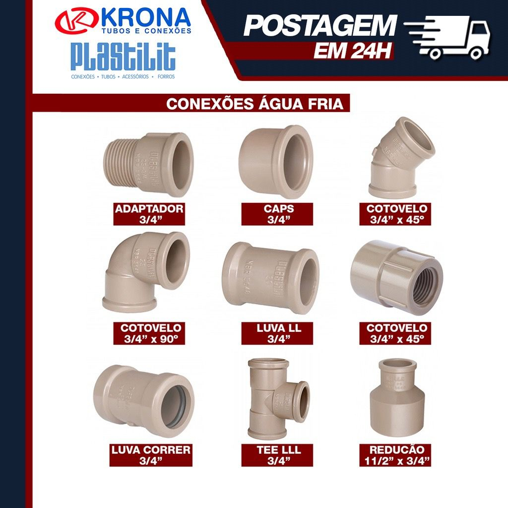 Conexões de Agua 25mm 3/4'' | Adaptador - Caps - Cotovelo 45º - Cotovelo 90º - Luva LL - Luva LR - Luva Correr - Tee - Redução | Plastilit KRONA