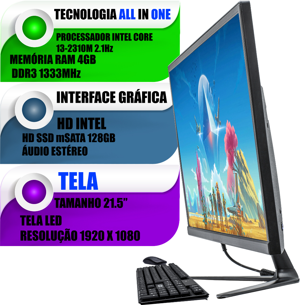 Computador PC All In One Corei3 21,5" 1080p DDR3 Sata 128GB 4GB RAM SSD Graficos HD Intel Com Placa De Vídeo