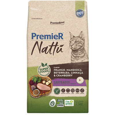 Ração Premier Nattu Mandioca Gatos Castrados 7,5kg - Pets