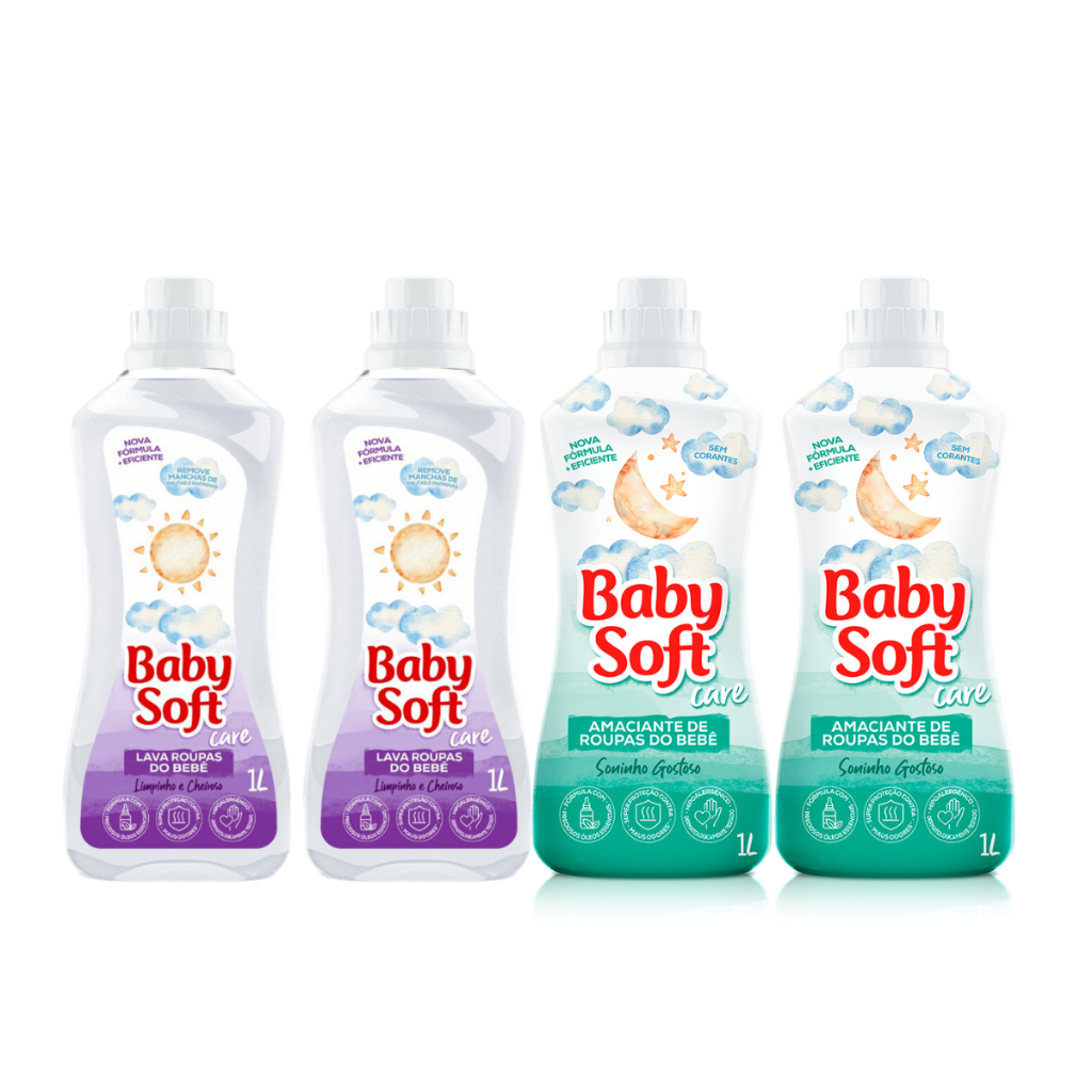 2 Lava Roupas Líquido Infantil Baby Soft Care Limpinho e Cheiroso - 1L + 2 Amaciante Infantil Baby Soft Care Soninho Gostoso - 1L