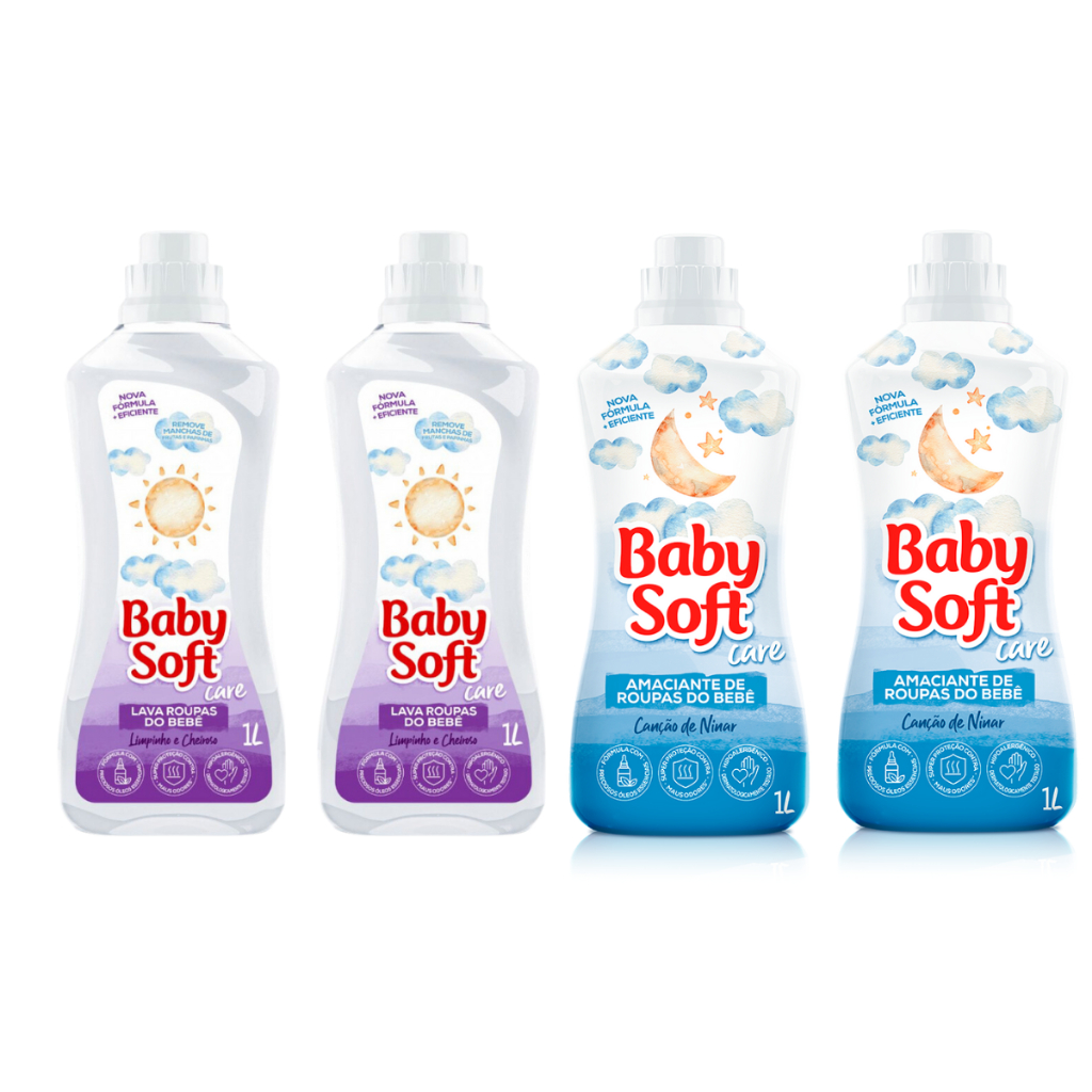 2 Lava Roupas Líquido Infantil Baby Soft Care Limpinho e Cheiroso - 1L + 2 Amaciante Infantil Baby Soft Care Canção de Ninar - 1L