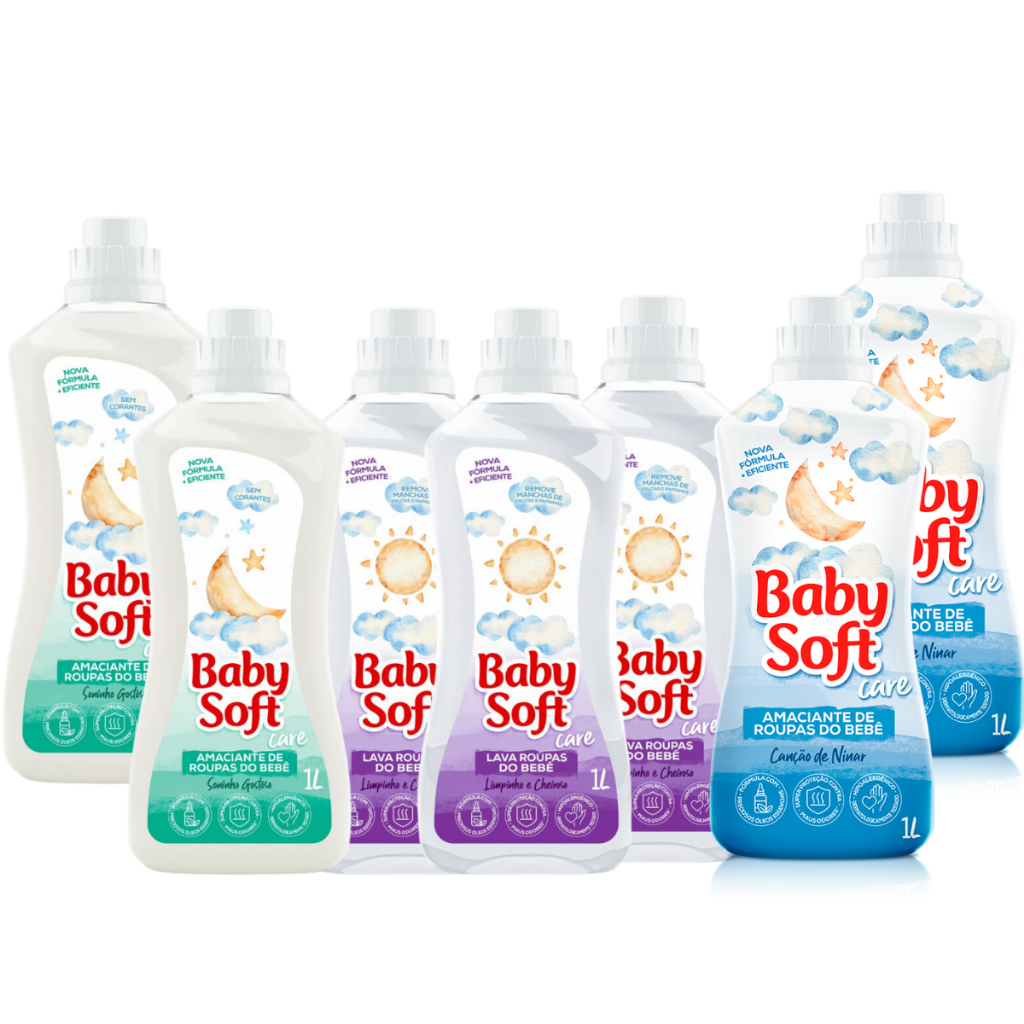 3 Lava Roupas Líquido Infantil Baby Soft Care Limpinho e Cheiroso - 1L + 2 Amaciante Infantil Baby Soft Care Canção de Ninar - 1L + 2 Amaciante Infantil Baby Soft Care Soninho Gostoso - 1L