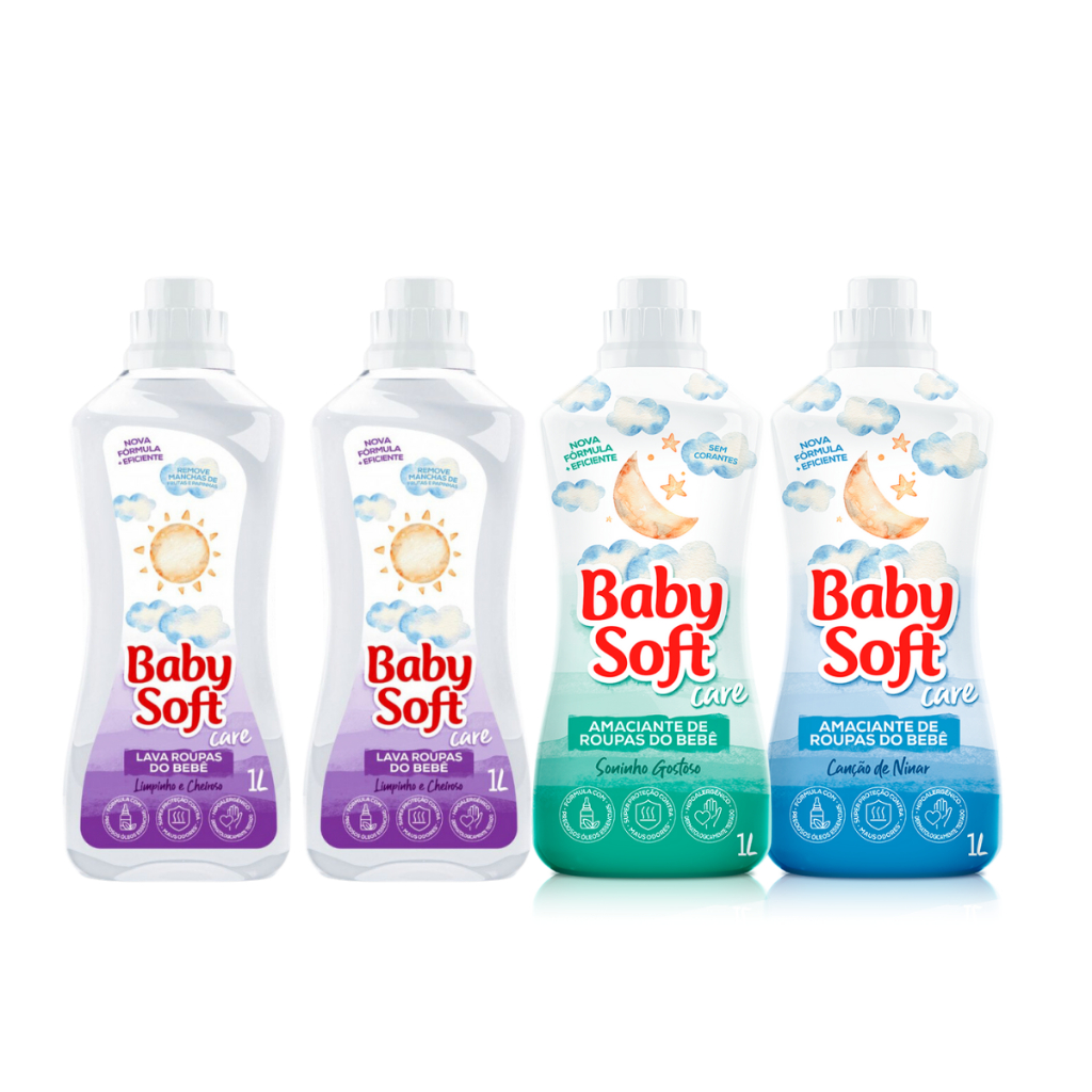 2 Lava Roupas Líquido Infantil Baby Soft Care Limpinho e Cheiroso - 1L + 1 Amaciante Infantil Baby Soft Care Canção de Ninar - 1L + 1 Amaciante Infantil Baby Soft Care Soninho Gostoso - 1L