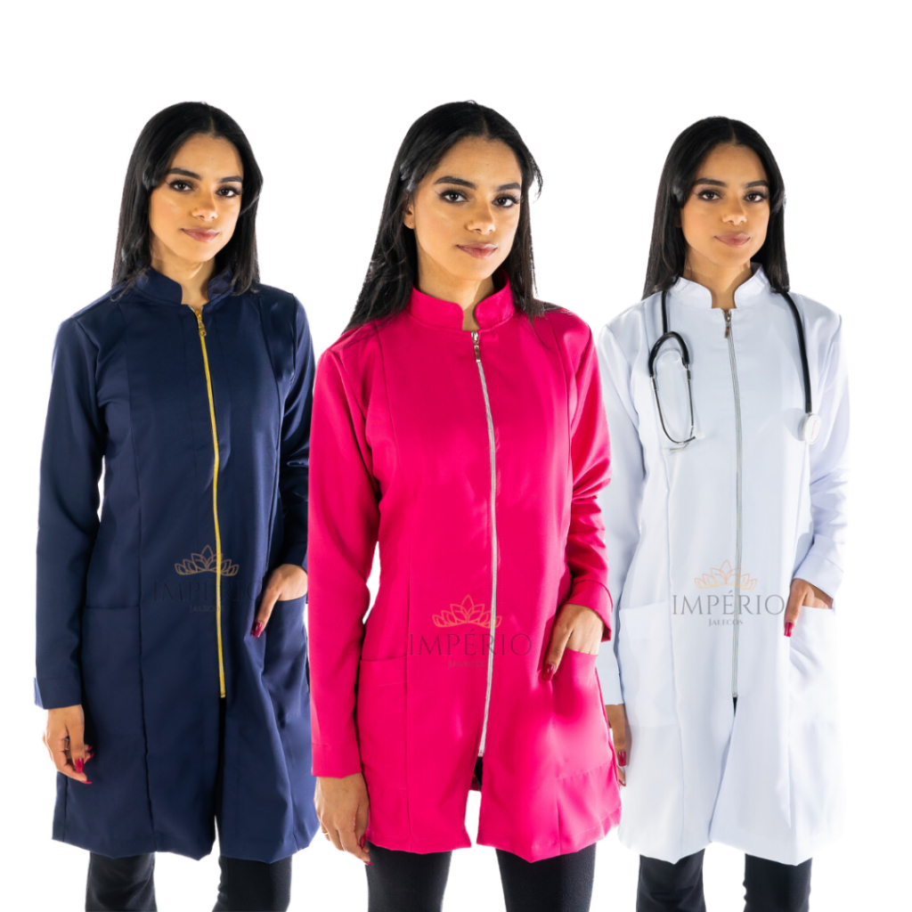 Jaleco Feminino Acinturado Oxford Manga longa Várias Cores Acinturado Com Zíper Gola Padre