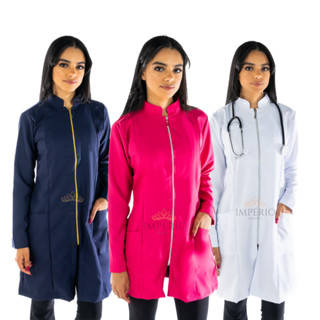 Jaleco Feminino Manga longa Várias Cores Acinturado Com Zíper Gola Padre
