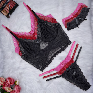Conjunto Lingerie Renda Sutiã Cropped Sem Bojo Com Forro Calcinha com Regulagem String Perneira Persex Rebeca