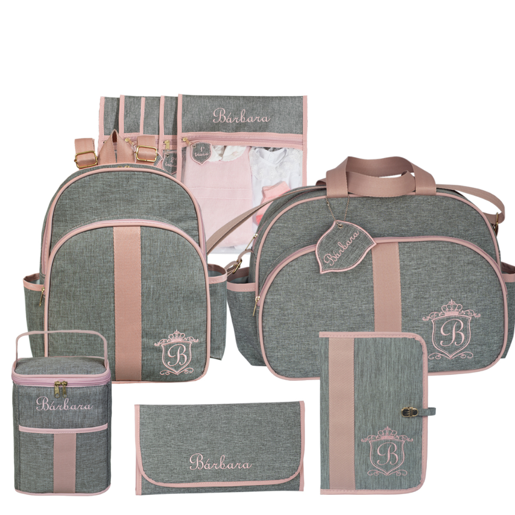 Kit saída de maternidade bolsa, mochila, trocador, 5 saquinho organizador, porta-mamadeira e porta-documento personalizado grão de gent