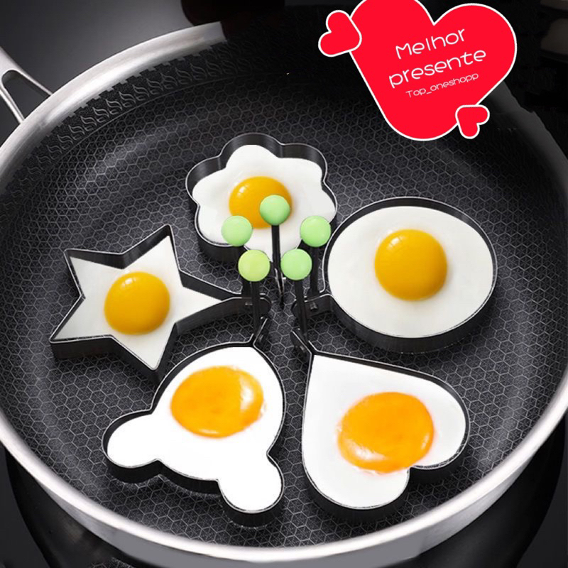 Kit 5pçs Forma Aço Inox Molde Fritar Ovos Omelete Tapioca Hamburguer Mickey, amor, flor de...