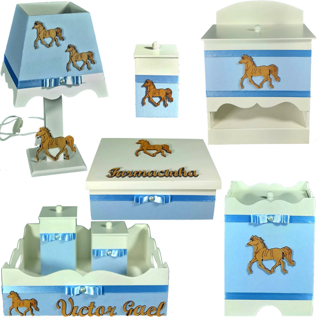 Kit Higiene para Bebê MDF + nome cavalo fazenda rodeio azul claro