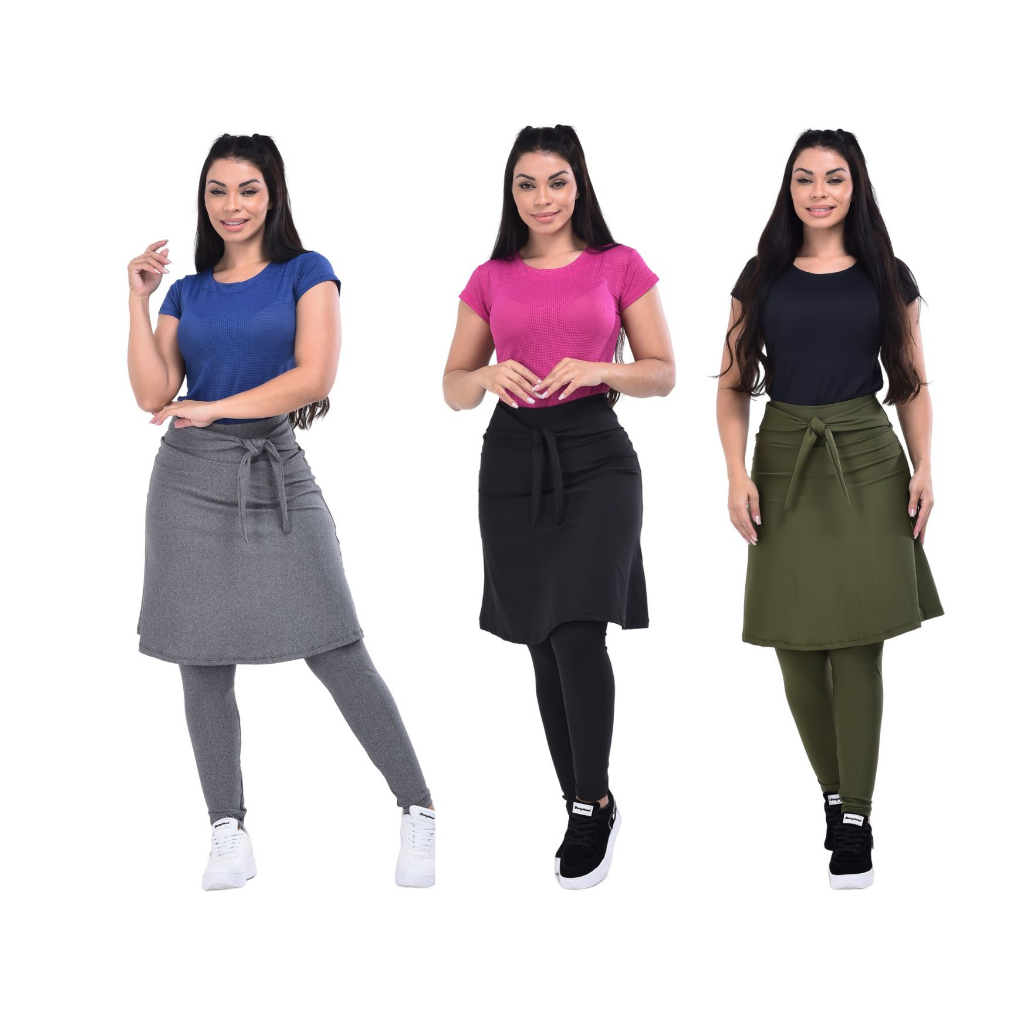 Kit 3 Calças Fitness Moda Evangelica Com Saia Academia Caminhada Com Laço