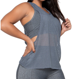 Regata Transparente Fitness Cavada Tela Furinho Tule Malhar Academia