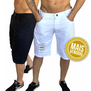 Bermuda Jeans Masculino Preto e Branco Rasgada