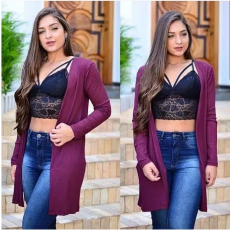 Cardigan Casaco Feminino Kimono Canelado Casaco  Manga Longa