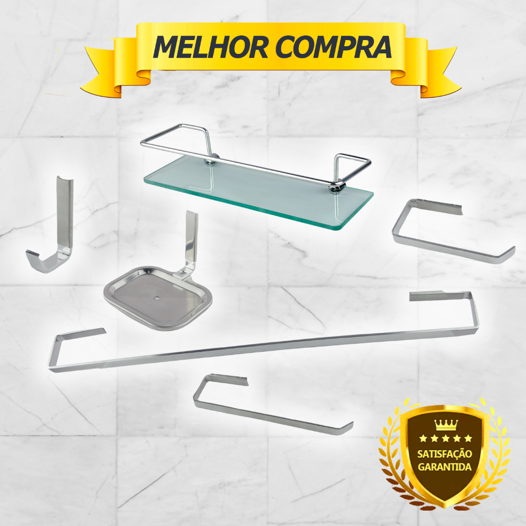 KIT ACESSÓRIOS PARA BANHEIRO ALUMINIO MACIÇO PREMIUN 6 PÇS CROMADO NÃO ENFERRUJA+PORTA SHAMPOO Cód. 1882