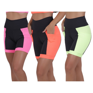 KIT 3 BERMUDA FEMININA FITNESS ACADEMIA COM BOLSOS LATERAIS E CÓS ALTO.