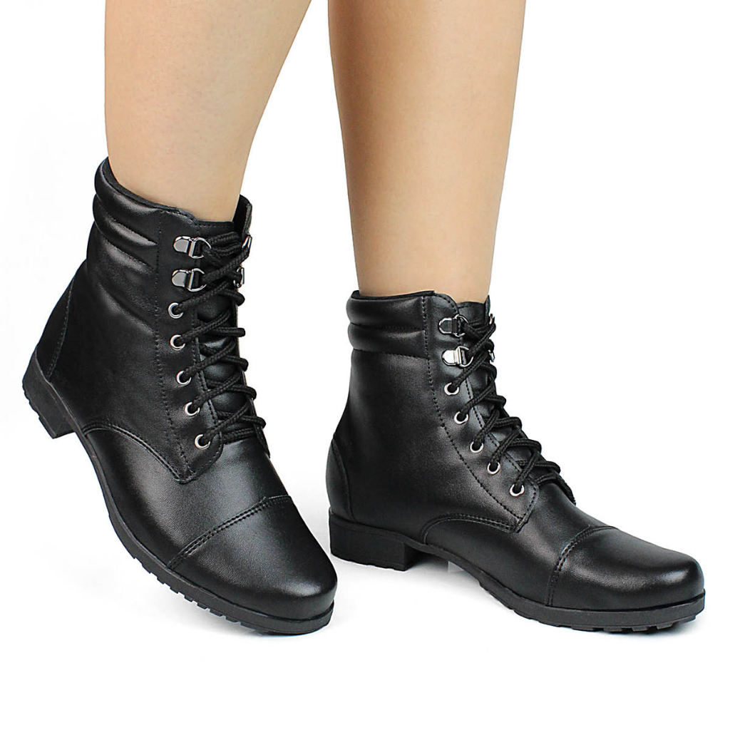Bota Coturno Feminina Madale Salto Baixo Metal Preto Estilo Casual