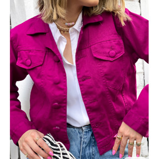 Jaqueta jeans Feminina Vermelho, Bege, Lilas, Mostarda, Rosa bebe, Fúcsia, Verde Militar, Azul