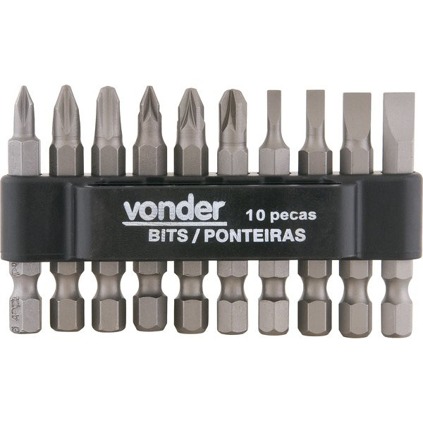 Jogo de Bits/Ponteiras com 10 peças, Encaixe Sextavado 1/4" - VONDER