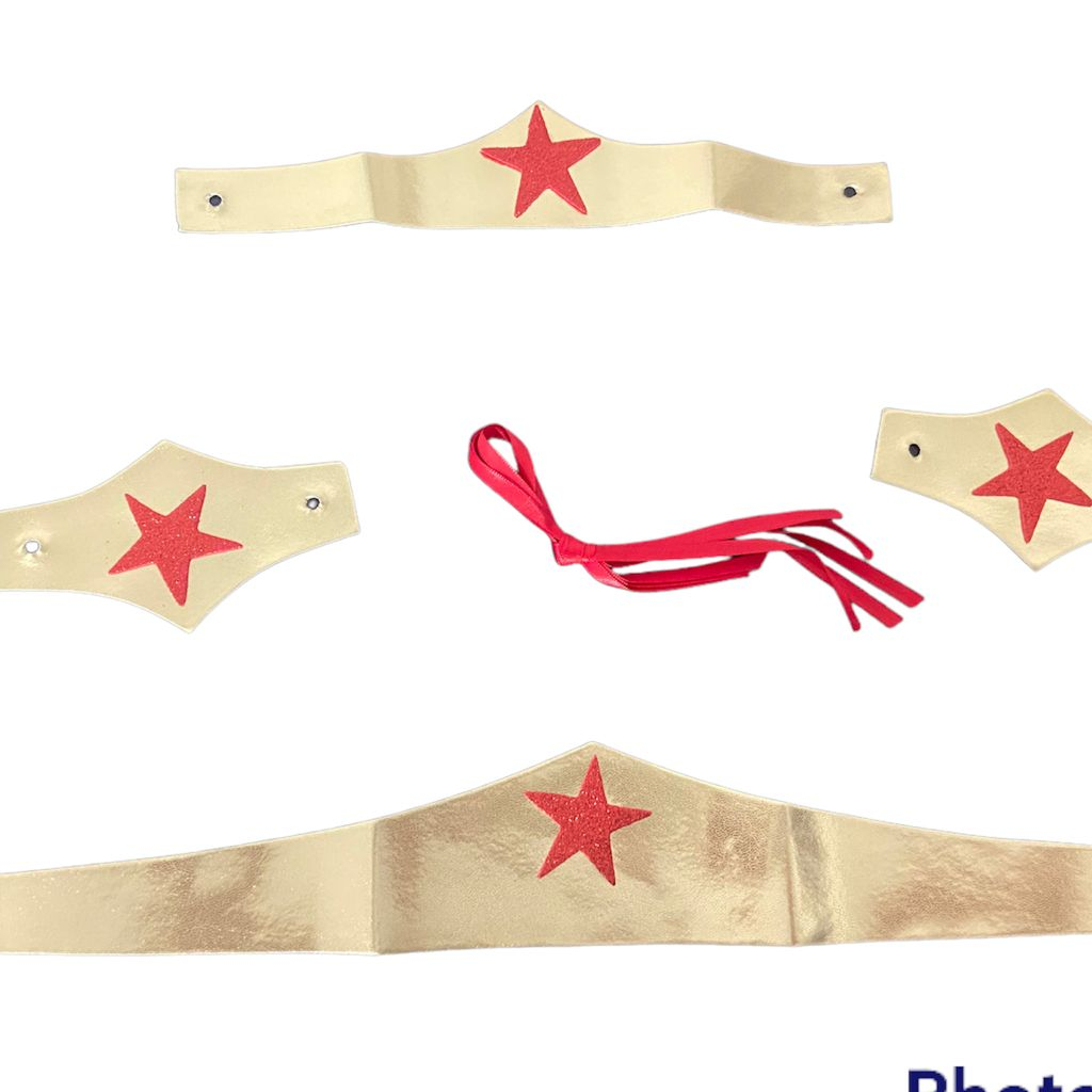 kit acessorios infantil - mulher maravilha cinto /bracelete/ tiara