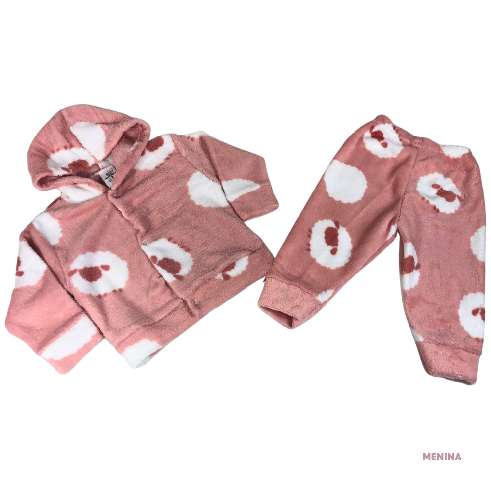 Conjunto Peluciado Infantil Bebê Feminino Blusa Capuz E Calça Moletom Quentinho Menina Menino REF. 0070
