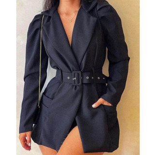 Blazer Feminino Acinturado Maxi Blazer Manga Princesa com Cinto Sobretudo Elegante