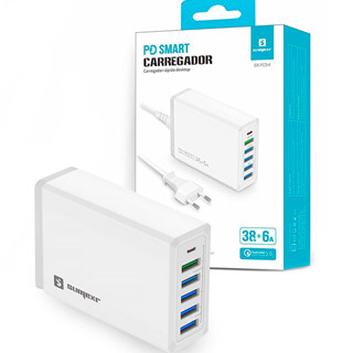 Carregador Celular 5 Entradas USB 1 Entrada Tipo C Fonte Tomada 6A Rápida Bivolt