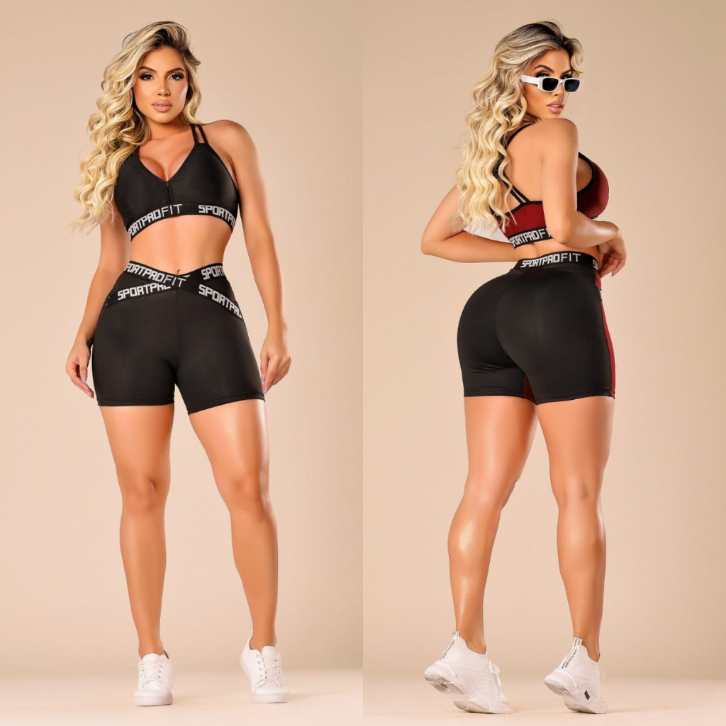 Conjunto Fitness Feminino Short e Top Com Elástico (Zero Transparência)