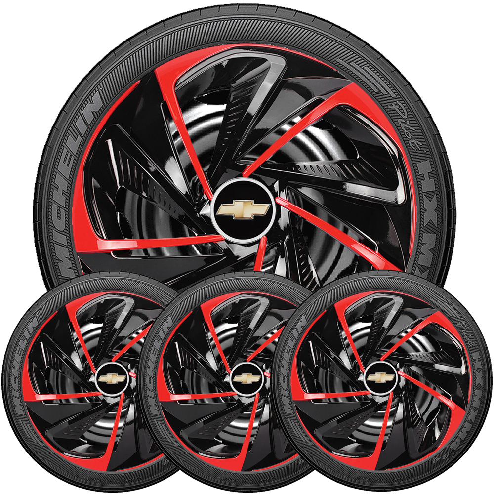 Jogo 4 Calotas Resistentes Aro 14 LinhA Nitro Vermelho/Preto Compativel Com Onix Corsa Cobalt Cruze