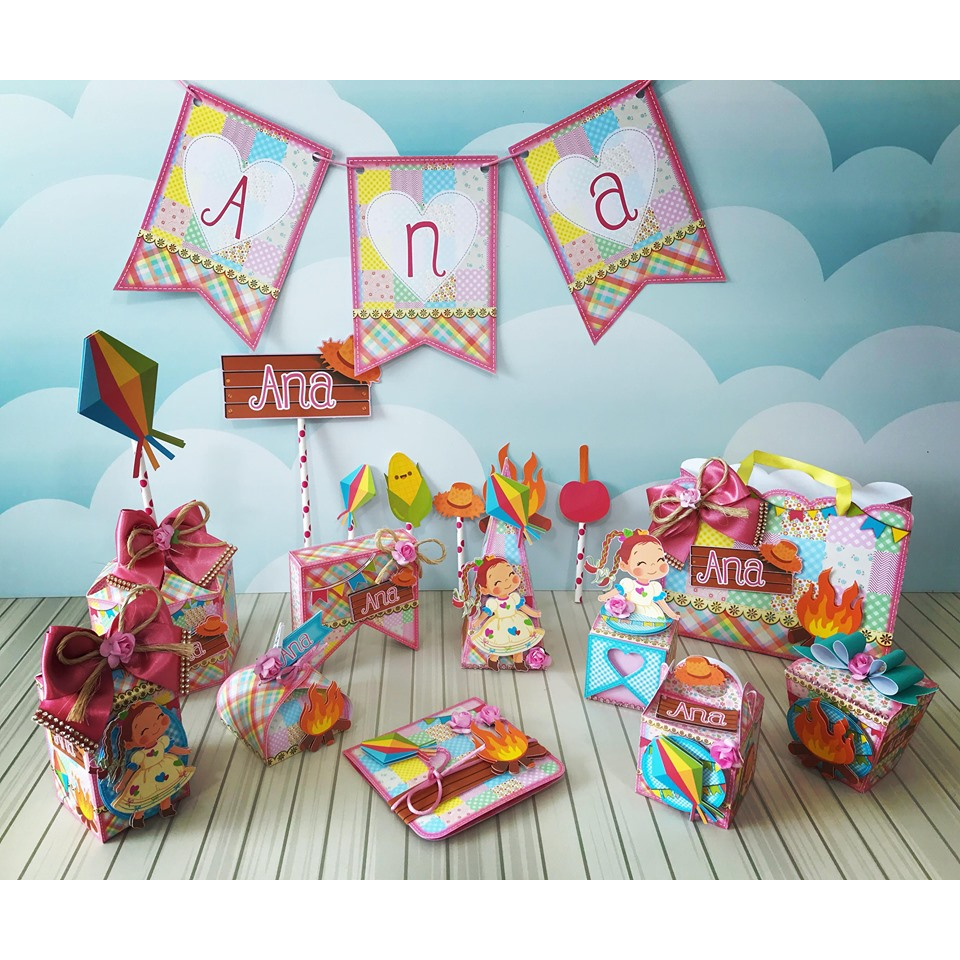 Caixinhas personalizadas, milk, cone lembrancinhas, decoração Kit de festa aniversário Festa junina - arraiá menina rosa