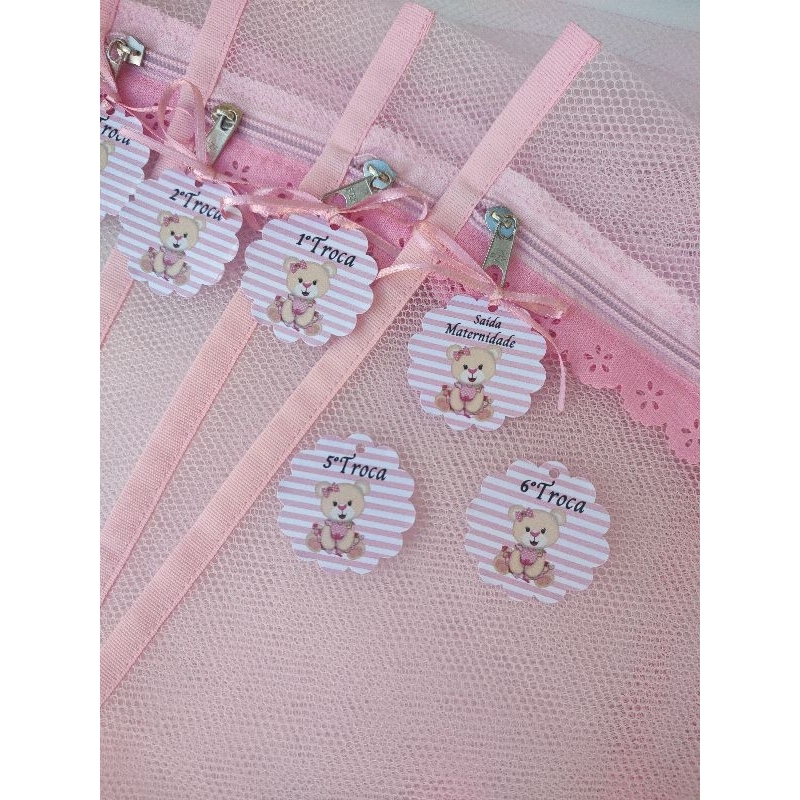 kit 5 saquinhos maternidade para organizadores de Bolsa  Maternidade /sacos de tule maternidade com TAG ursinho rosa