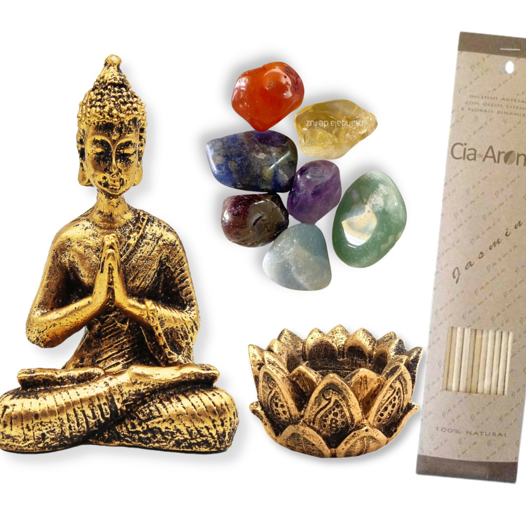 Combo Buda + Castiçal + 7 Pedras dos Chakras + Incenso Jasmim natural - C