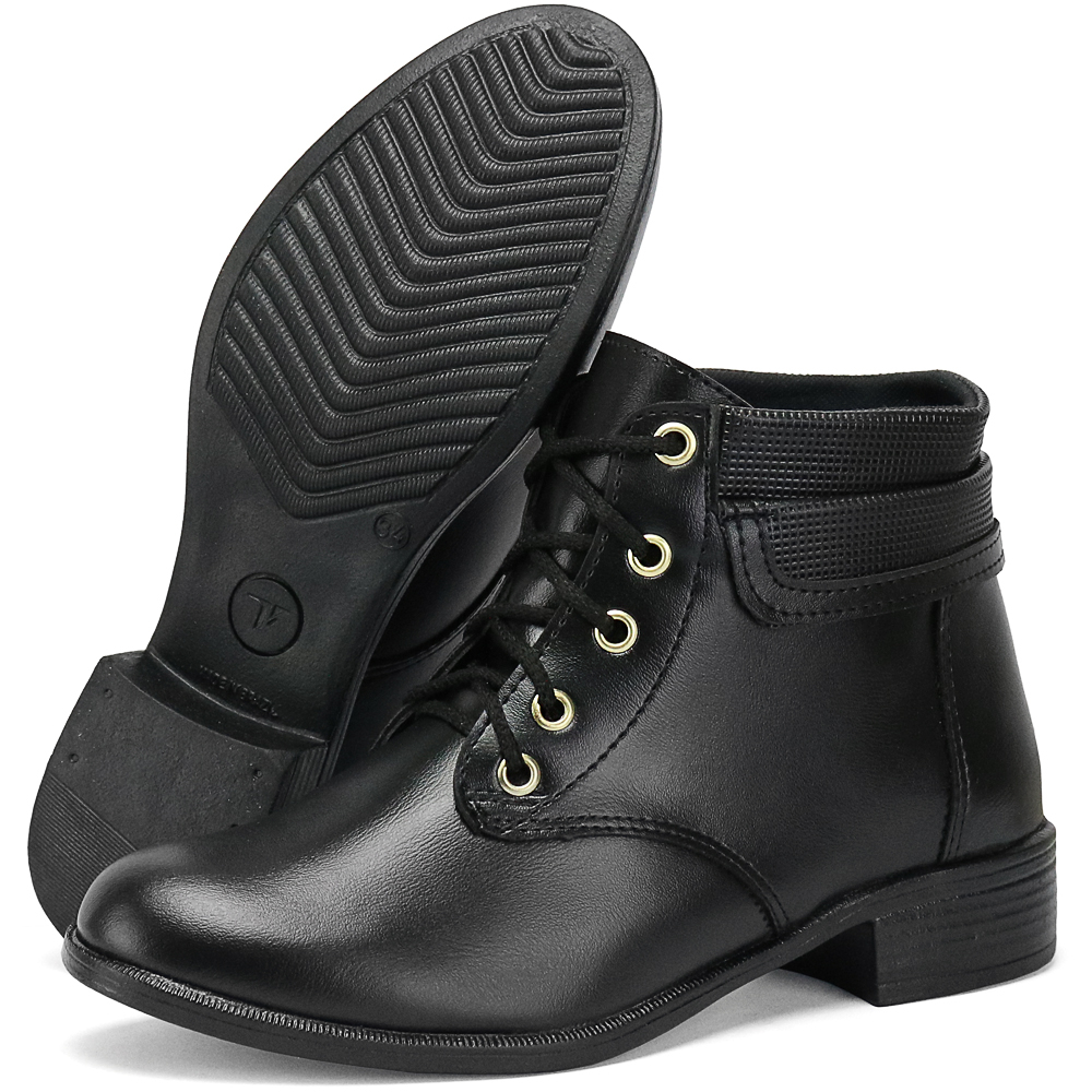 Bota Feminina Coturno Cano Curto Com Cadarços E Salto Baixo