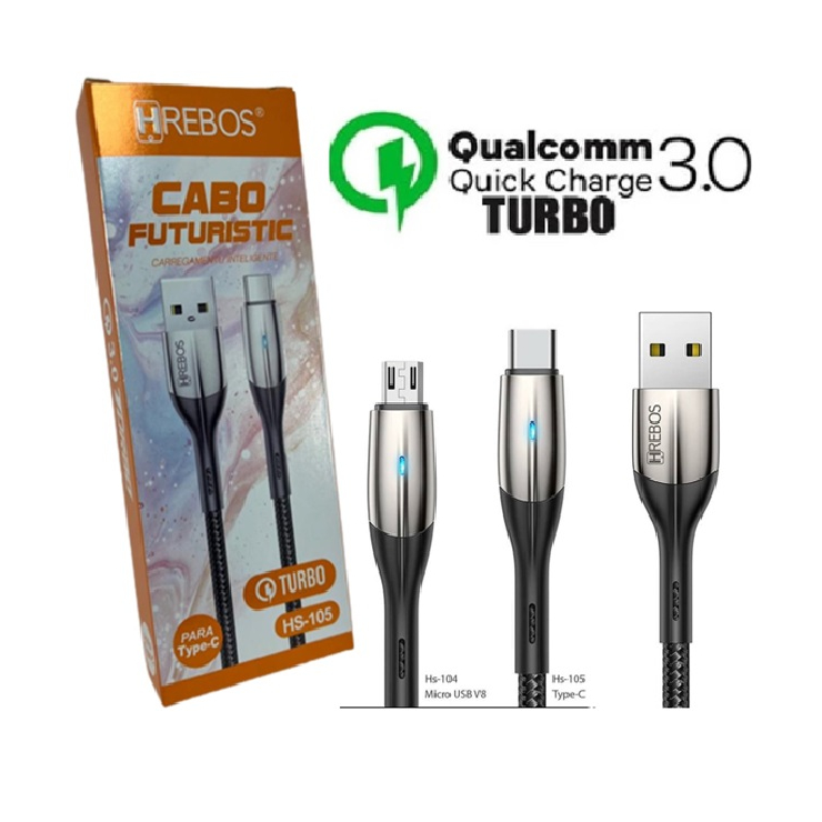 Cabo Micro USB V8 Futuristic Carregamento Inteligente HRebos HS-104 1m Turbo 3.0 em Oferta na Shopee