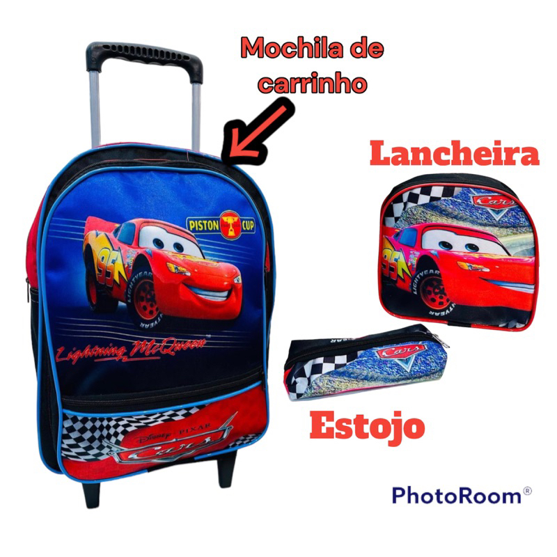 kit escolar do carros de rodinha lancheira + estojo + mochila de rodinha