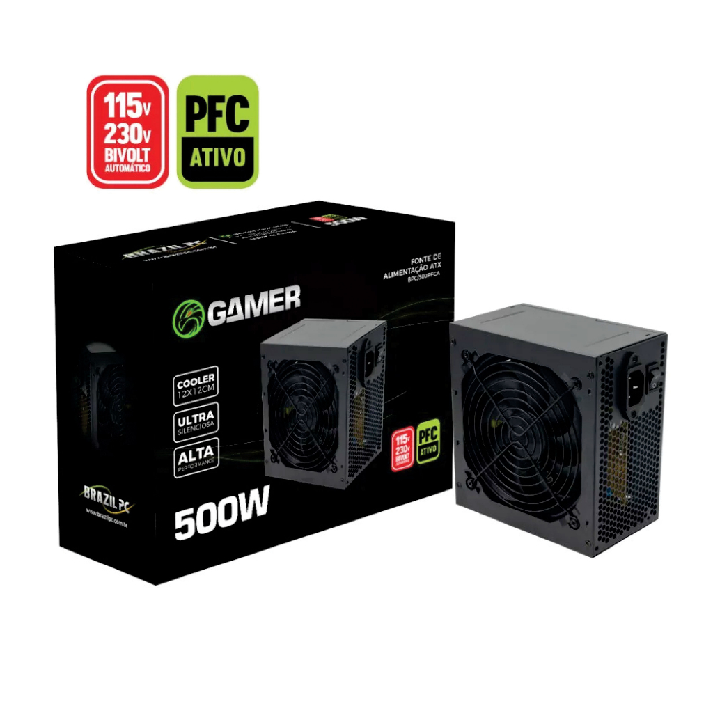 Fonte de Alimentação Atx 500w Real Gamer Pfc Ativo Bivolt Automático Super Silenciosa Preto