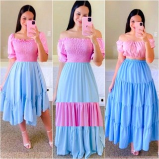 Vestido Chá Revelação Para Chá de Bebê Lastex Ciganinha  Manga Princesa Três Marias