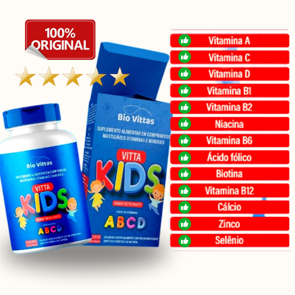 VittaKids - Vitamina Infantil Mastigavel Tutti-Frutti 60 Comprimidos - BioVittas