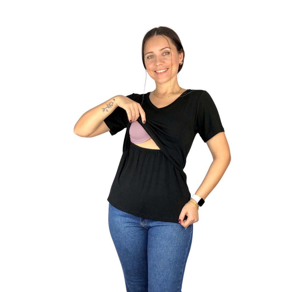 Blusa Amamentação Cores Premium Camiseta Manga Curta Gola V Gestante Grávida Maternidade Amamentar