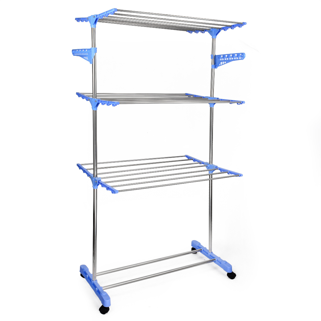 Varal Chão 3 Andares Roupa 4 Rodas Dobrável Reforço Azul em Oferta na Shopee