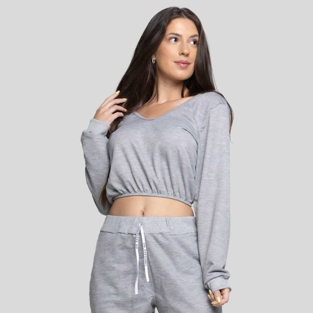 Blusa Cropped Moletom Feminino Manga Longa Decote V Inverno Roupa Casual Dyeu Modas