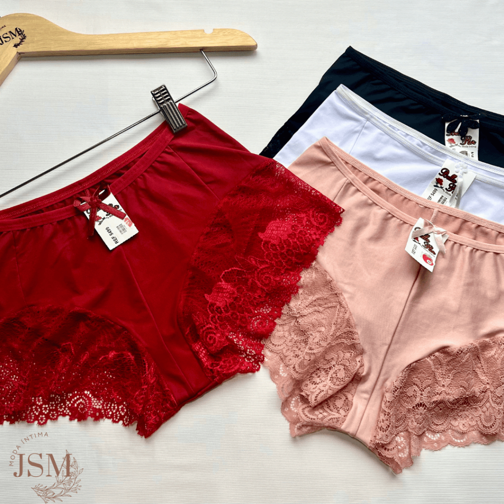 Kit com 5 Calcinhas Box Shortinho PLUS SIZE Calesson Renda Com Forro Linda Versátil e Confortável Lingerie Moda Íntima
