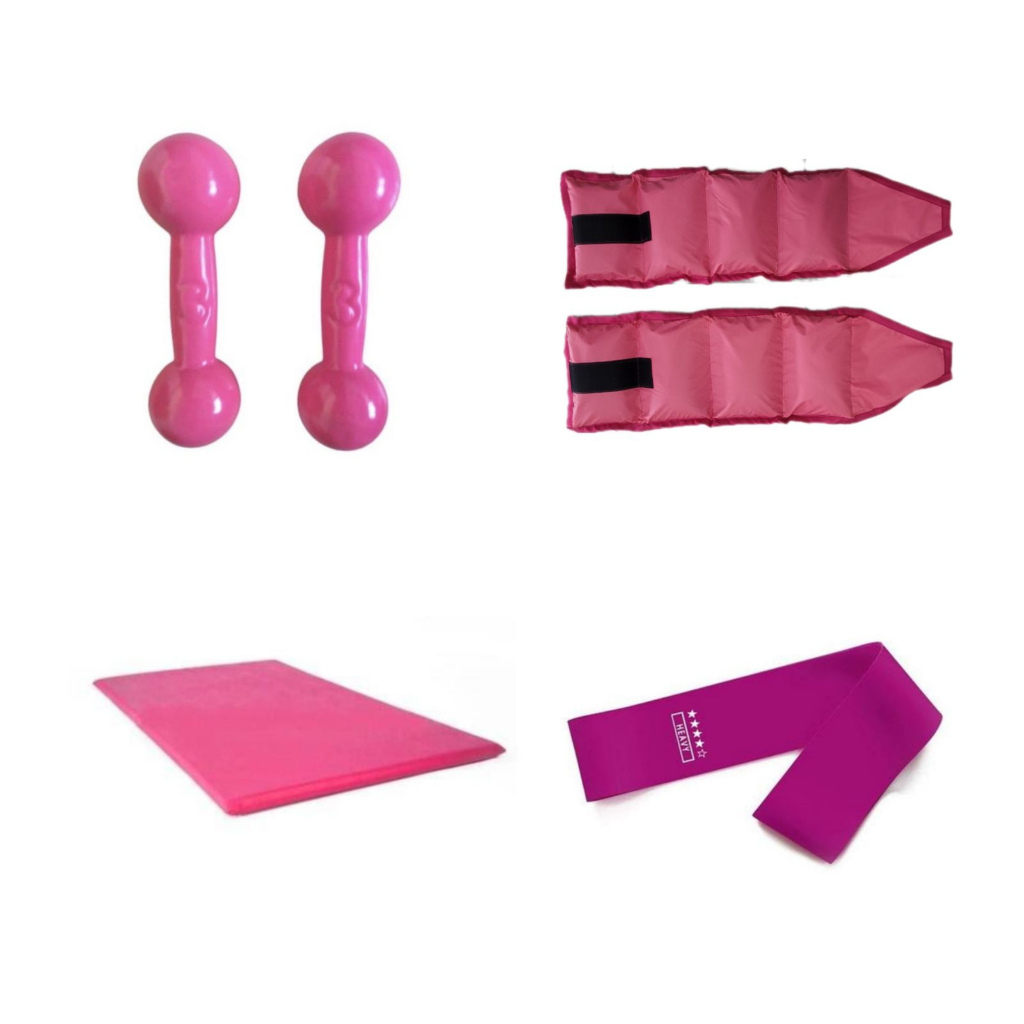 Kit Treino Funcional Par Halter 2 Kg Rosa + Caneleira 2 Kg Rosa + Colchonete Rosa + Elástico