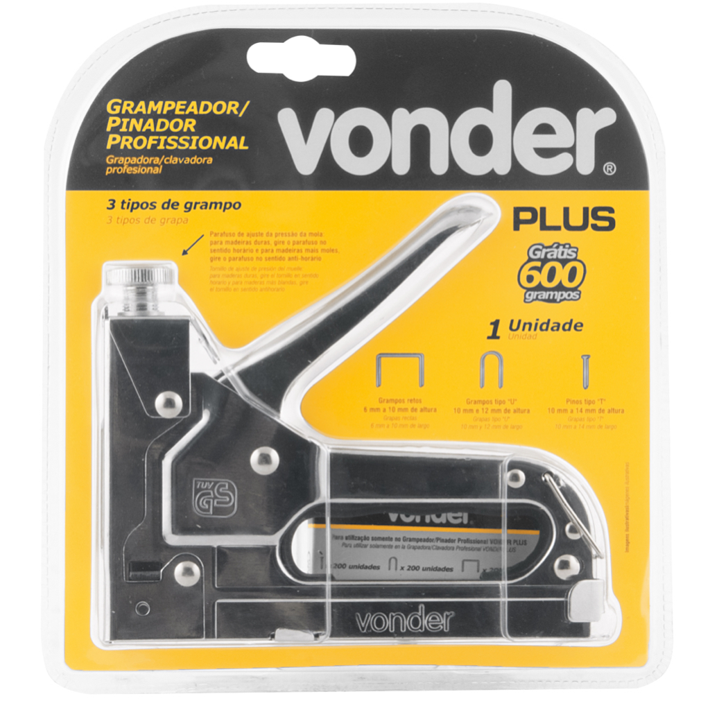 Grampeador pinador manual em Aço cromado + 600 grampos para tapeçaria estofado móveis profissional Vonder Plus