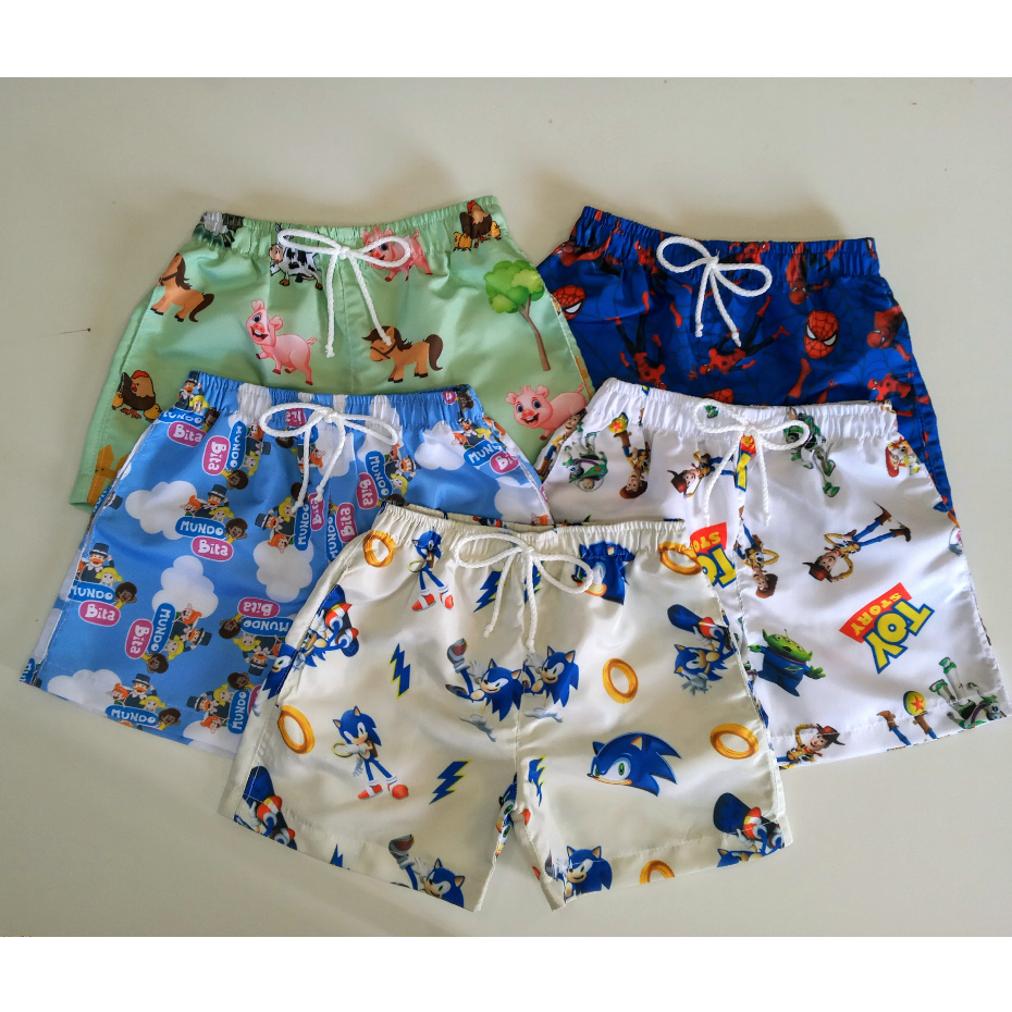 Kit 3 Shorts bermuda mauricinho roupa Infantil Tactel elástico Menino Moda Praia Verão Estampada