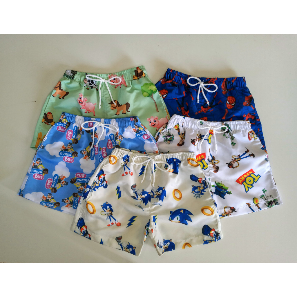 Kit 4 Shorts bermuda mauricinho roupa Infantil Tactel elástico Menino Moda Praia Verão Estampada