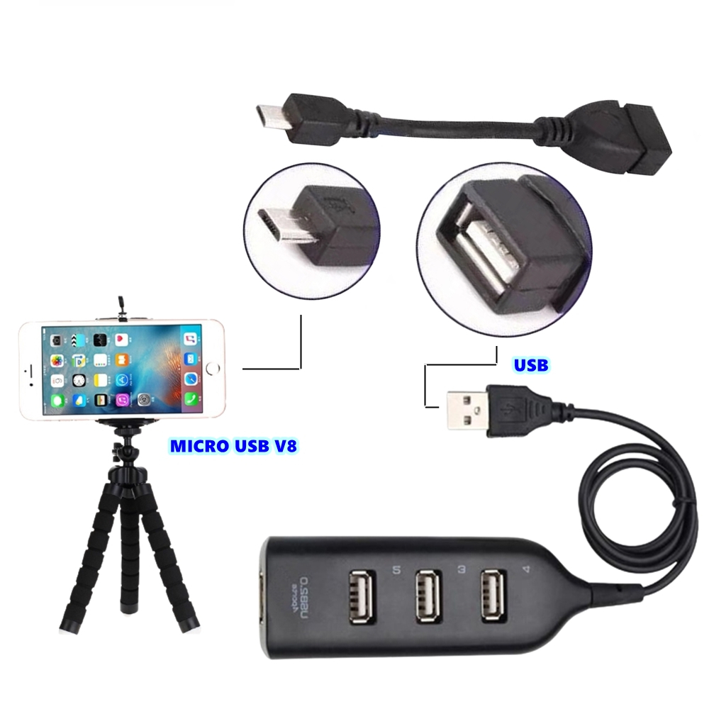 Kit Mobilador Gamer Para Celular Otg Micro Usb V8 + Hub 4 Portas Usb + Suporte Tripé Adaptador Teclado Mouse Pen Drive