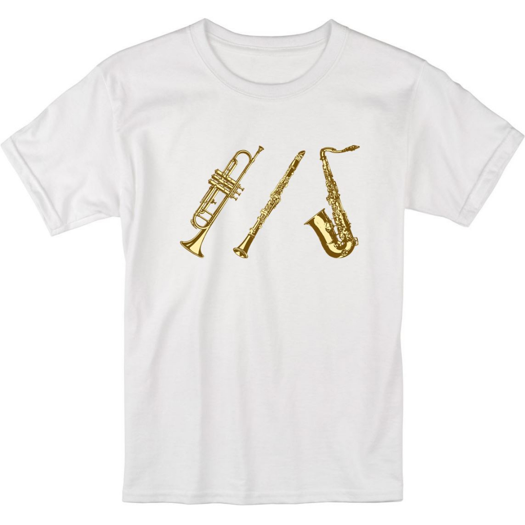 Camiseta Blusa Instrumentos de Sopro, Flauta, Trompete, Trombone