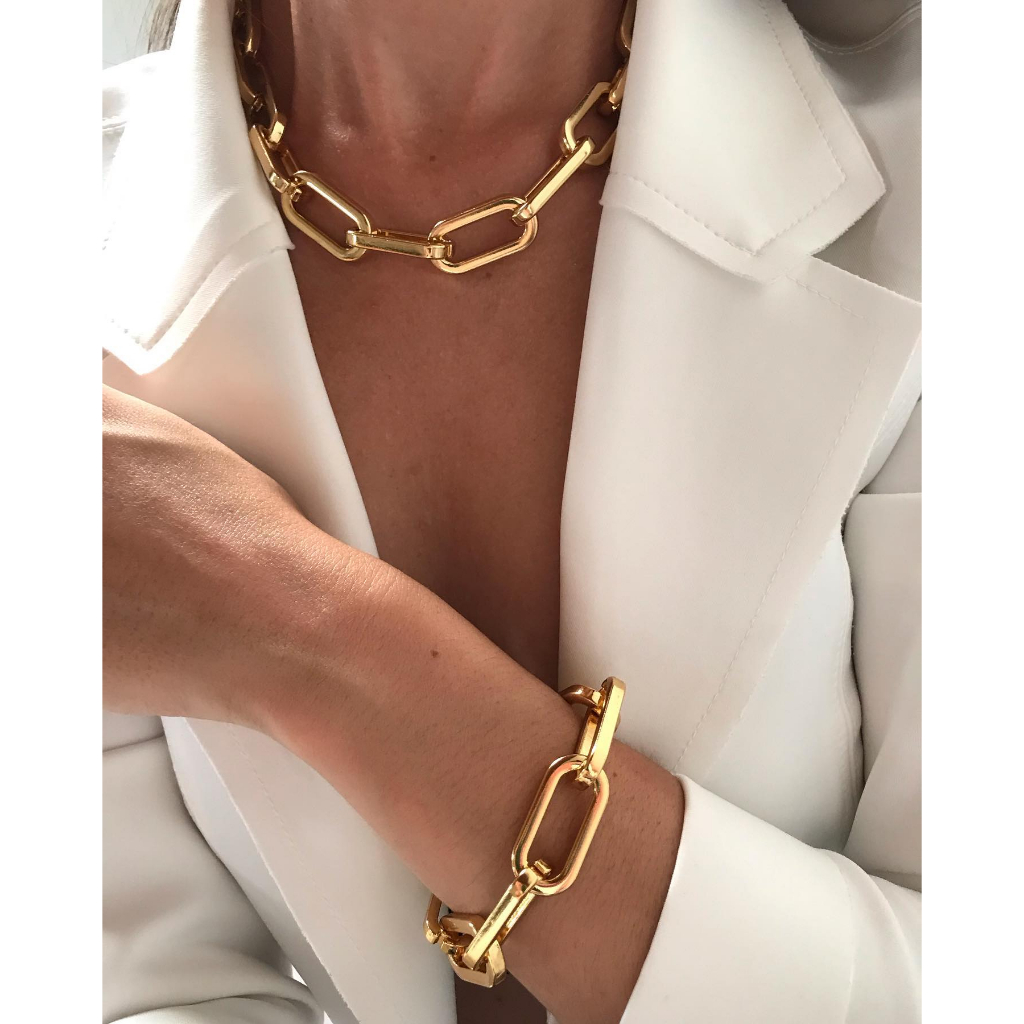 Colar Feminino Elos De Corrente E Bracelete Elo Corrente Elegante Moda Banhado Folheado A Ouro 18k